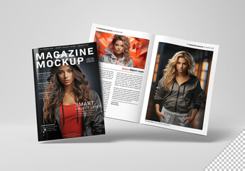 Isolated Magazine Cover and Open Magazine Mockup Floating on White Background