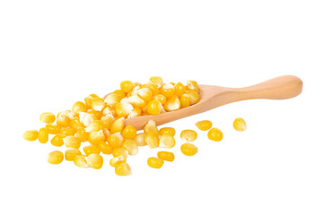 canned corn on a wood spoon , white background.dersert for children corn on transparent.