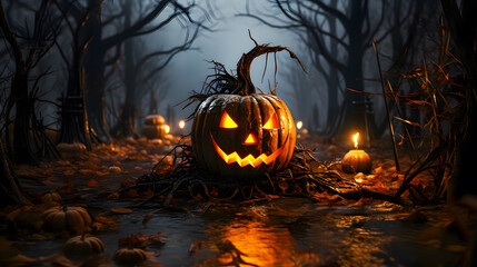  a creepy pumpkin in a dark forest (Generative AI)