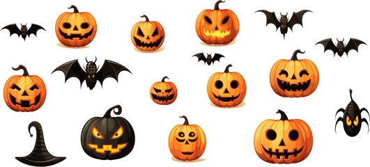 Halloween set with spiders, bats, ghosts, pumpkins on white background. Generative AI