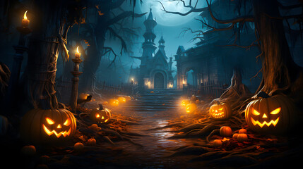 Fototapeta na wymiar a spooky pumpkin and haunted house in background (Generative AI)