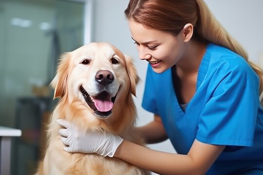 Love for pets and concern for their health. Female veterinarian doctor with a Labrador Retriever dog in clinic. Caucasian female veterinary doctor checks the health of a Labrador Retriever dog.