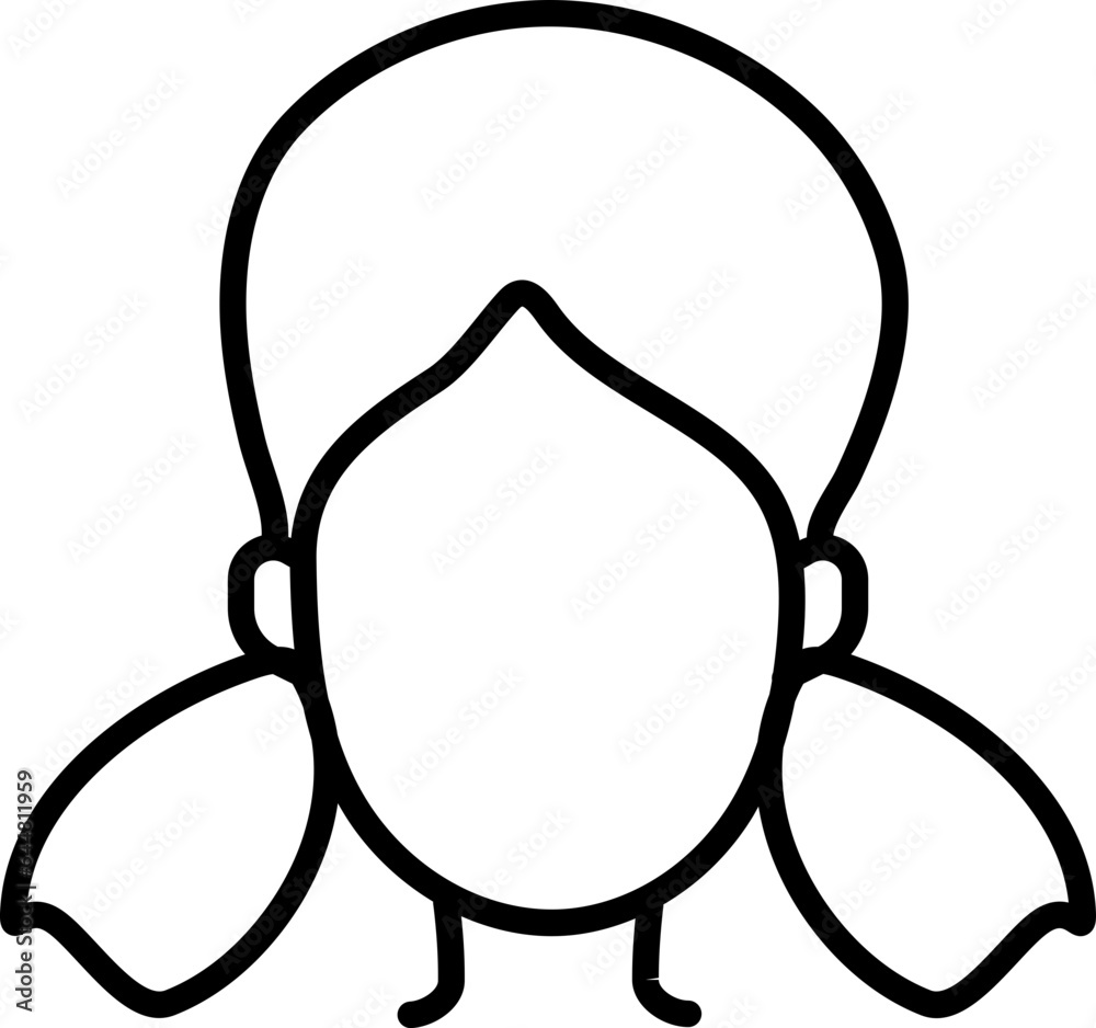 Sticker Cartoon Woman Face With Two Side Ponytails Icon In Black Line Art.