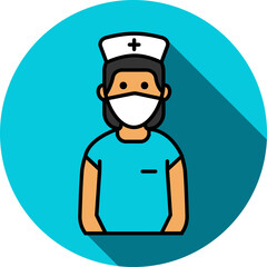 Nurse Wearing Mask Icon on Blue Round Background.