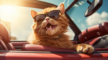 cat in sunglasses and a red car driving through the city.