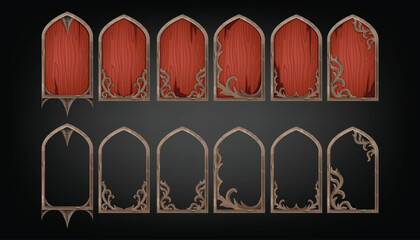Game gothic window frame set, UI fantasy medieval RPG arch, vector wooden texture menu castle plank. Vintage architecture decorative panel kit, antique old church door. Gothic frame avatar app assets © Oleksandra