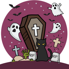 Halloween party Black cat in graveyard