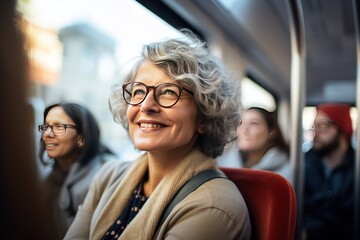 Handsome smiling middle aged Caucasian woman taking a tram to work. Passengers commuting in bus. Public bus ride. Morning trip by city bus. She smiling and looking at camera. - obrazy, fototapety, plakaty