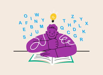 Young man reading a book. Colorful vector illustration