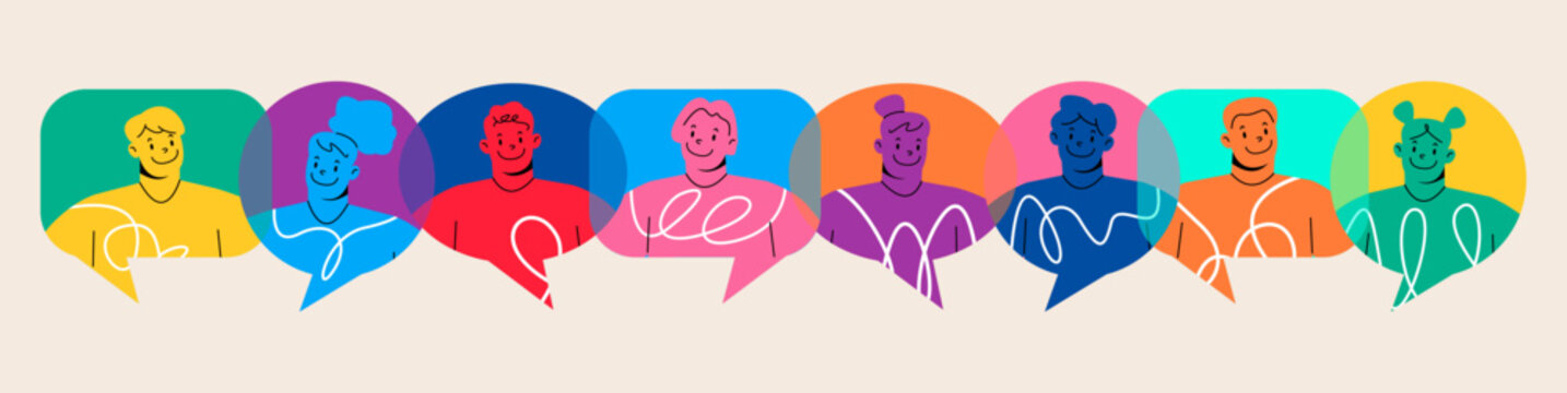 Interactive speech bubbles communication  concept teamwork and connection. Colorful vector illustration