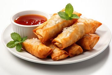 A plate of vegetable spring rolls on a table. Fictional image.