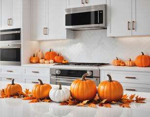  white modern kitchen beautifully adorned with autumn leaves and pumpkins, embracing the cozy spirit of the fall season