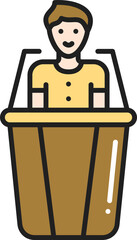 Flat Style Man In Microphones Podium Yellow And Bronze Color.