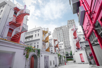 Colorful spiral stairs and colorful urban of Singapore's Bugis Village. Is a landmark of tourists