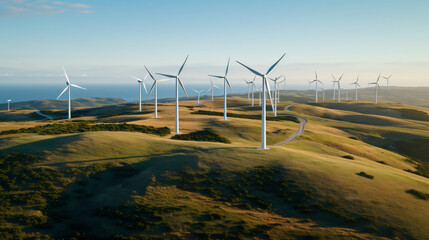 Low grassy hills filled with various wind turbines