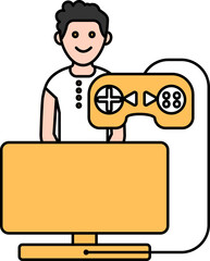 Happy Young Boy With Game Controller Connect Monitor Icon In Yellow And White color.