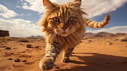 Obraz premium Cat walks in the desert, Generative AI