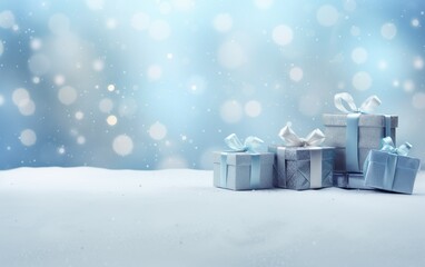 Christmas and new year background - gift boxes with blue ribbon bow tag on the snow bokeh ...
