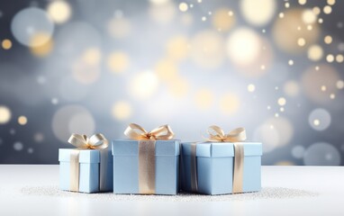 Blue gift boxes with golden ribbon bow tag over blurred bokeh background with lights. Christmas decor. Greeting festive image. Copy space - obrazy, fototapety, plakaty