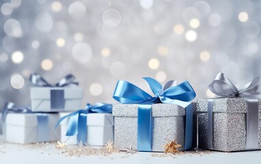 Silver gift boxes with blue ribbon bow tag over blurred bokeh background with lights. Christmas...