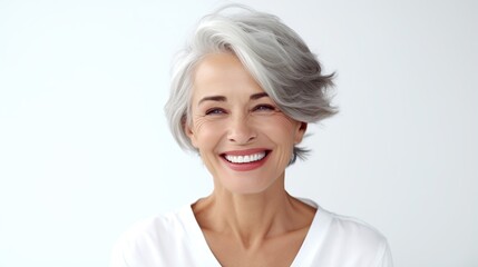 Portrait of beautiful old woman in front of white background.