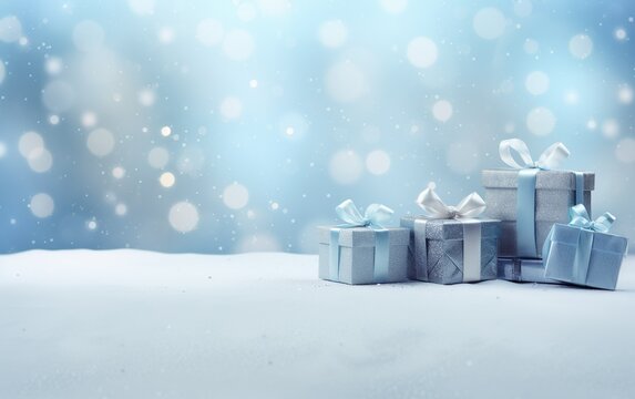 Christmas and new year background - gift boxes with blue ribbon bow tag on the snow bokeh  background. Greeting festive image with copy space.