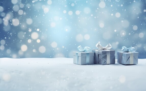 Christmas and new year background - gift boxes with blue ribbon bow tag on the snow bokeh  background. Greeting festive image with copy space.