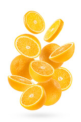 Bright oranges closeup levitation as flow, art composition. Whole, half, round slices fruits, isolated on white background, shadow. Summer fruits for advertising, design, label product, poster, card.