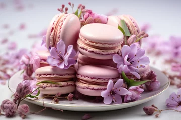Keuken foto achterwand Macarons A plate of pink macarons and purple flowers. Fictional image.