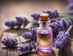 A close-up image featuring aromatic lavender oil and delicate lavender flowers arranged on a rustic wooden backdrop