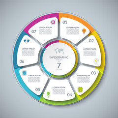 Infographic circle with 7 options, parts. 7-step cycle diagram for business infographics. Process chart, vector template for presentation, report, brochure, web, data visualization.