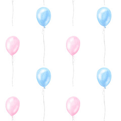 Seamless pattern pink blue balloons, girl boy kids birthday surprise. Hand drawn watercolor illustration isolated transparent background. Gender reveal party, baby shower, newborn