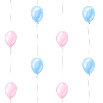 Seamless pattern pink blue balloons, girl boy kids birthday surprise. Hand drawn watercolor illustration isolated transparent background. Gender reveal party, baby shower, newborn