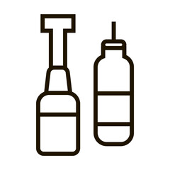 Bottle of ketchup and mustard with dispenser isolated on white. Condiment. Cooking food pictogram symbol. Simple thin line black and white vector icon