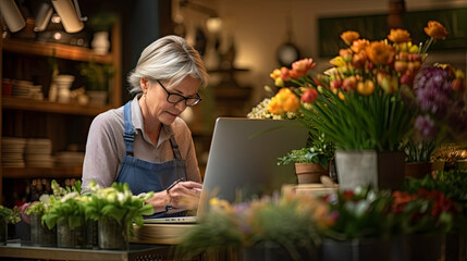  flower shop employee diligently working at her laptop computer