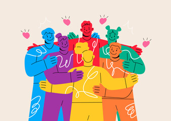 Group of people hug cuddle show unity and bonding. Friendship, support concept. Colorful vector illustration