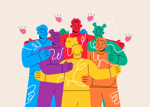 Group of people hug cuddle show unity and bonding. Friendship, support concept. Colorful vector illustration