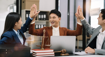 Happy smiling businessman or Lawyer feel happy work complete Teamwork success, success at work in the office concept.