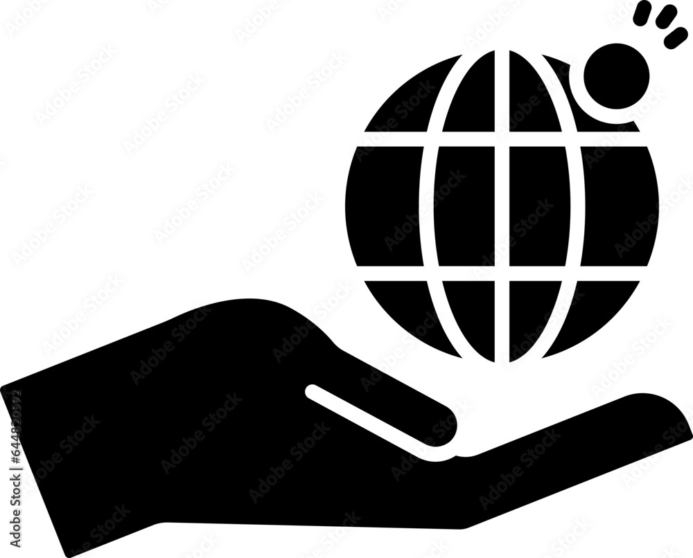 Sticker Hand Holding Globe With Coin Icon In B&W Color.