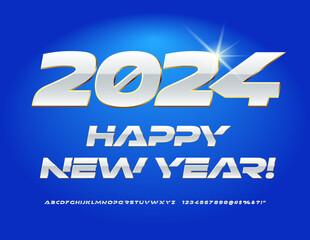 Vector trendy greeting card Happy New Year 2024! Futuristic style Font. Stylish White Alphabet Letters and Numbers