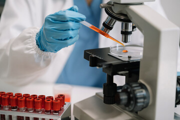 Science and medicine, scientist analyzing and dropping a sample into a glassware, experiments containing chemical liquid in laboratory on glassware, innovative and technology.