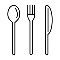 Cutlery set spoon of fork and knife isolated on white. Restaurant and cafe. Kitchen pictogram symbol. Simple thin line black and white vector icon