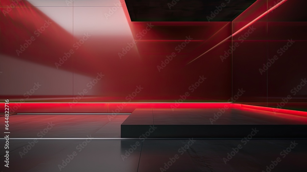 Aufkleber Abstract dark empty room with glowing red neon lights. Mock up, 3D Rendering