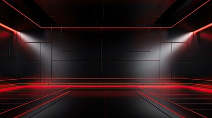 Abstract dark empty room with glowing red neon lights. Mock up, 3D Rendering