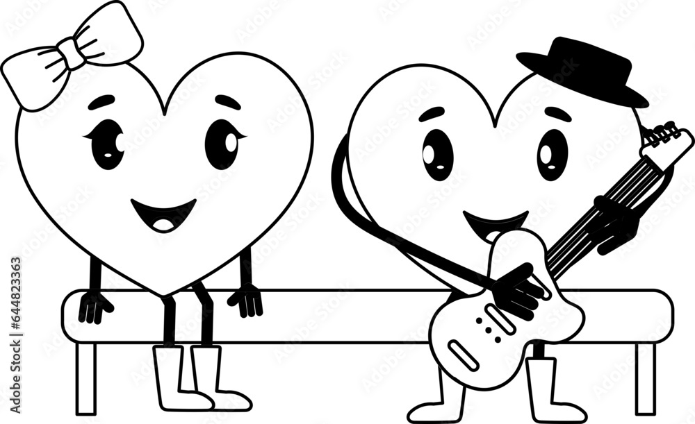 Poster black and white cartoon male heart playing guitar with his girlfriend sit on bench.