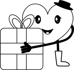 Cartoon Male Heart Holding Gift Box In Black And White Color.