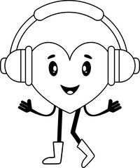 Vector Illustration Of Cartoon Heart Wear Headphone In Black And White Color.
