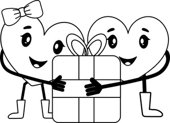 Cute Heart Couples Holding Gift Icon In Black And White Color.