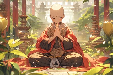 Obraz na płótnie Canvas cute little monk in prayer, illustration, anime style, generative ai