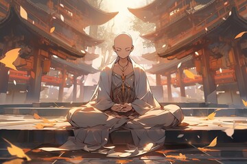 bald monk in meditaion, monastery in background, illustration, anime style, generative ai - obrazy, fototapety, plakaty
